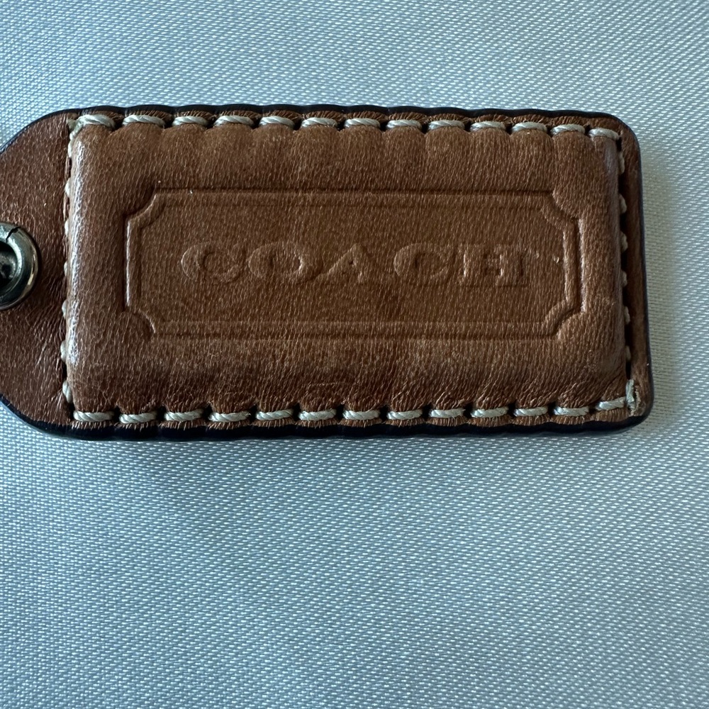 Tan leather Coach Hang Tag silver chain fob